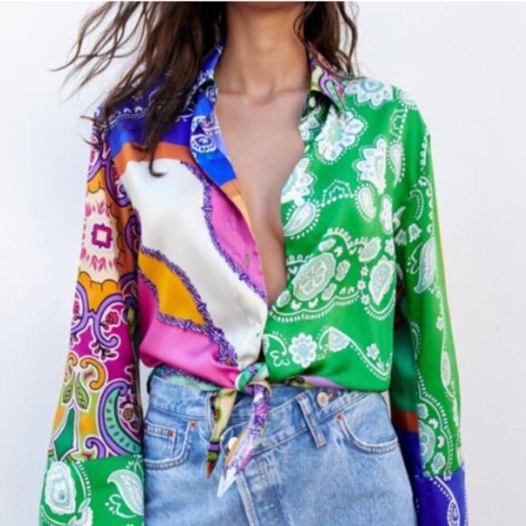 2/30 Zara Satin Paisley Patchwork Blouse Colorful Long Tie Bell Sleeves Large M - Picture 4 of 16